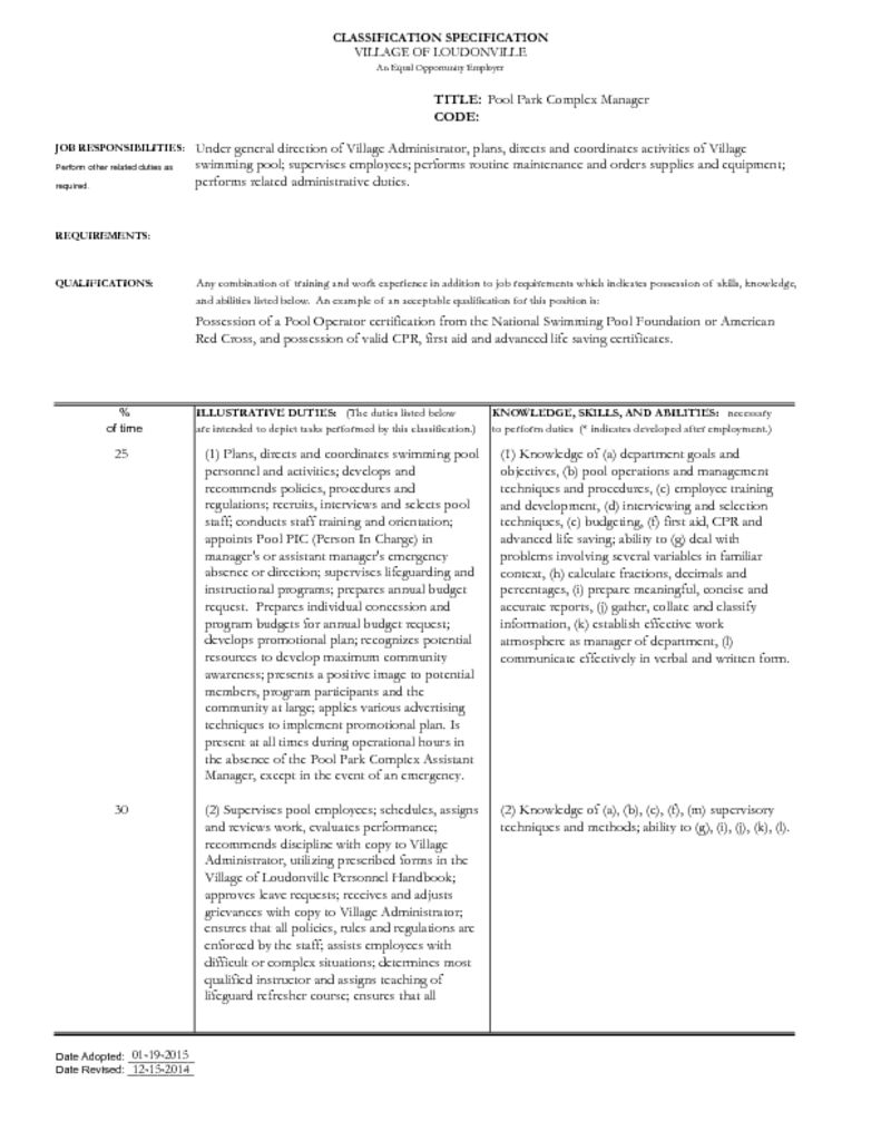 Classification Specification - Pool Park Complex Manager - Village of ...
