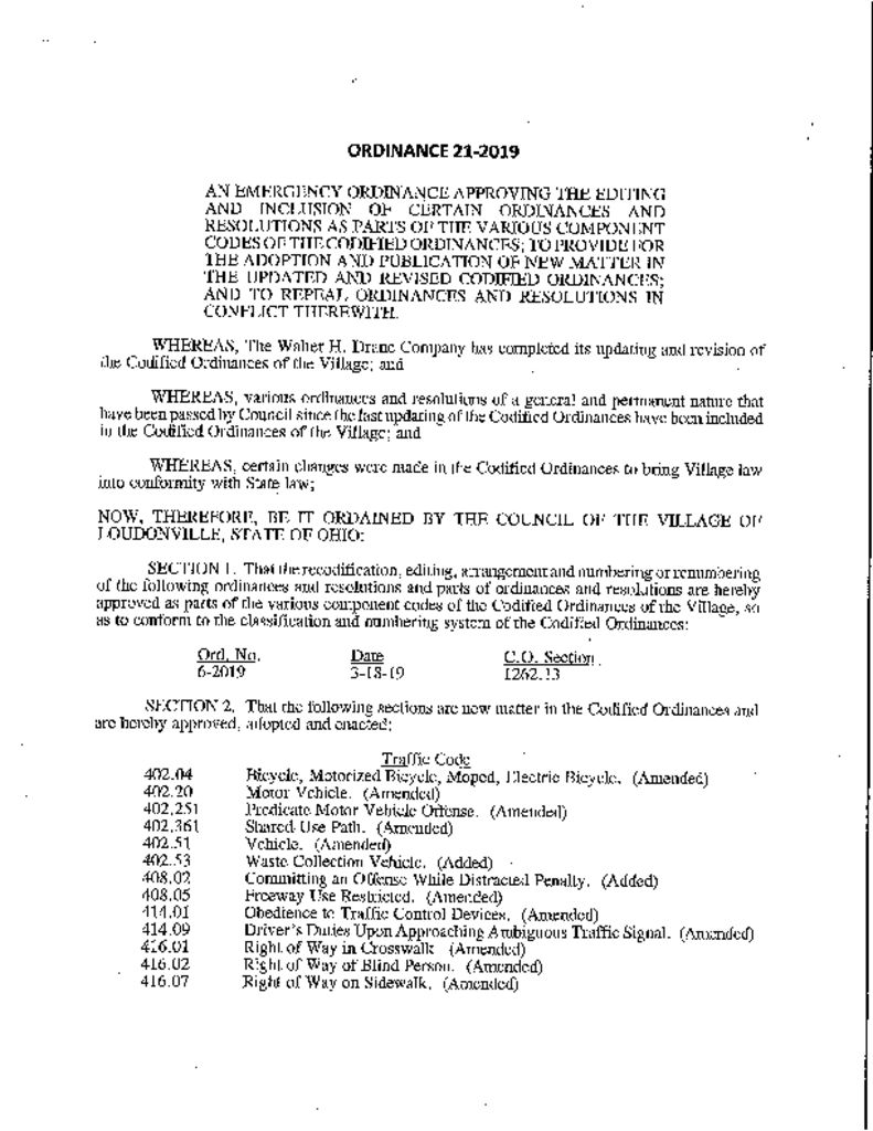 Ordinance 212019 Codified Ordinances Updates Village of Loudonville