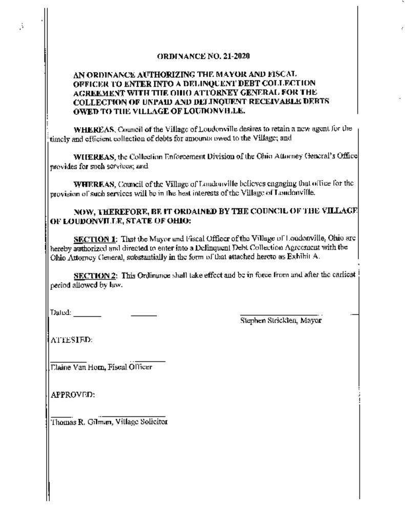 Ordinance 212020 Attorney General Debt Collection Agreement Village