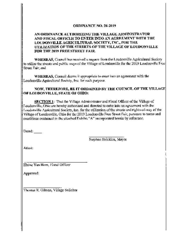 thumbnail of Ordinance 28-2019 – Street Fair Contract 2019