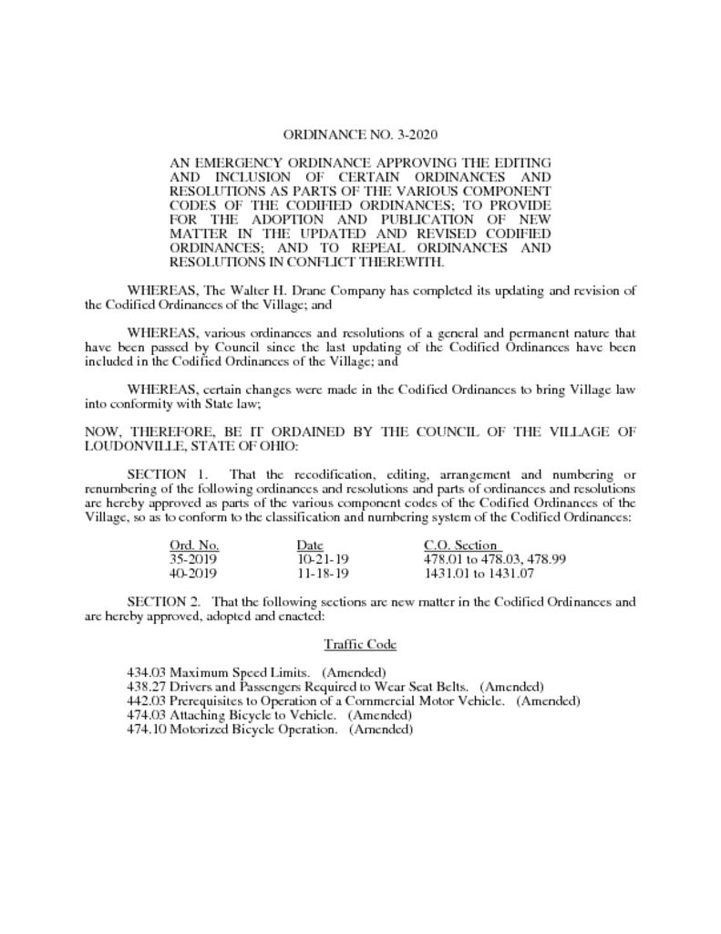 Ordinance 32020 Codified Ordinances Updates Village of Loudonville