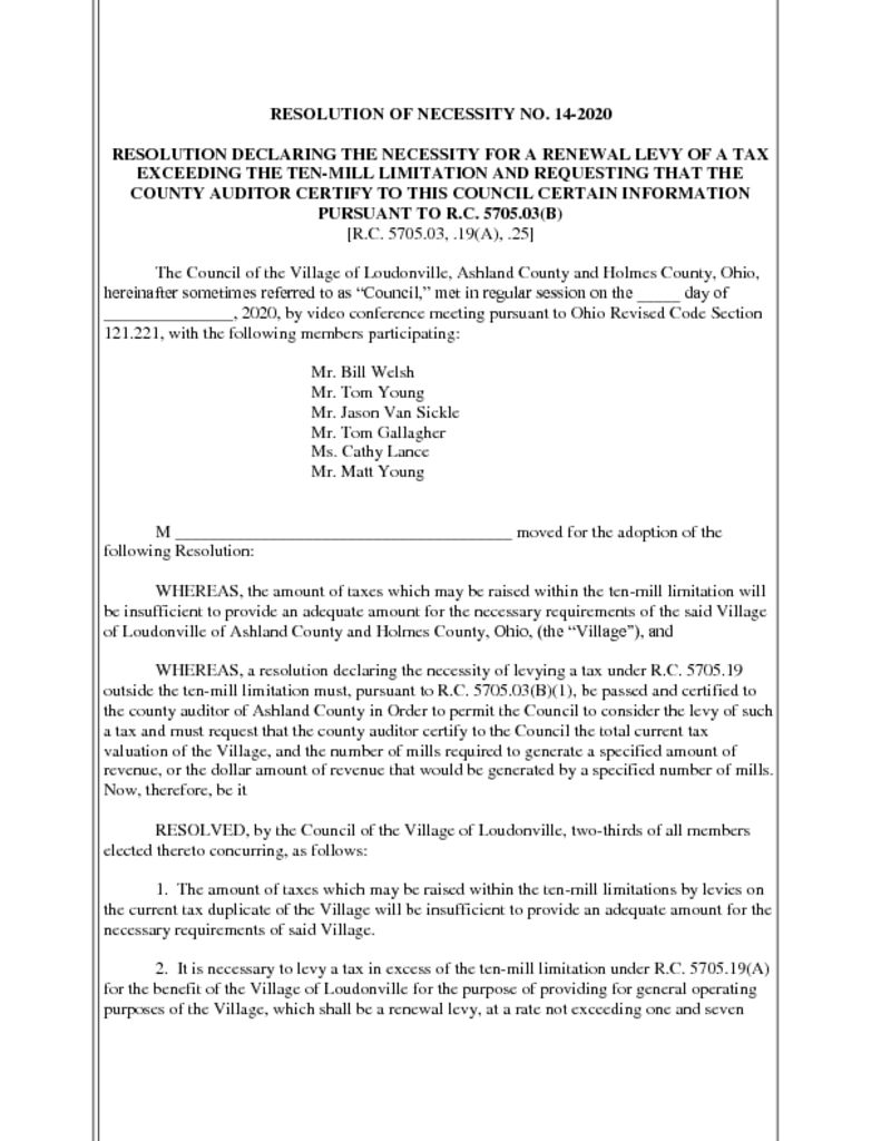 thumbnail of Resolution No 14-2020 – Declaring Necessity to Levy – General Operating Purposes Levy